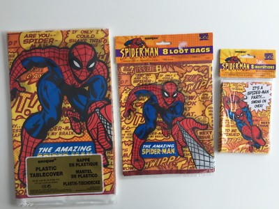 NOS Spiderman Comic Party Supplies Table Cover Loot Bags Invitations