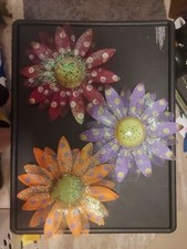 Metal Wall Art-Colorful Flowers Decor-3 Pieces-Medium Size-Red, Purple, Orange