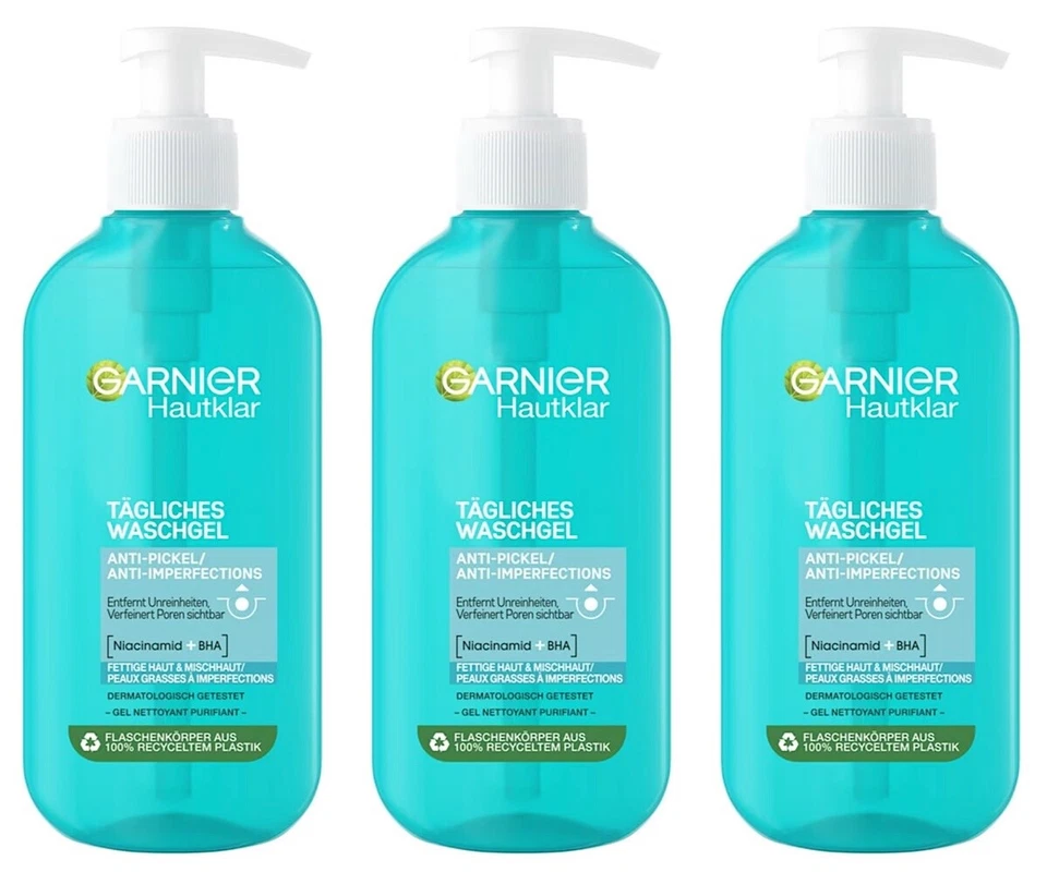✅ Garnier Hautklar Anti Pickel Waschgel Skin Active Gesichtseinigung 3x 200ml ✅