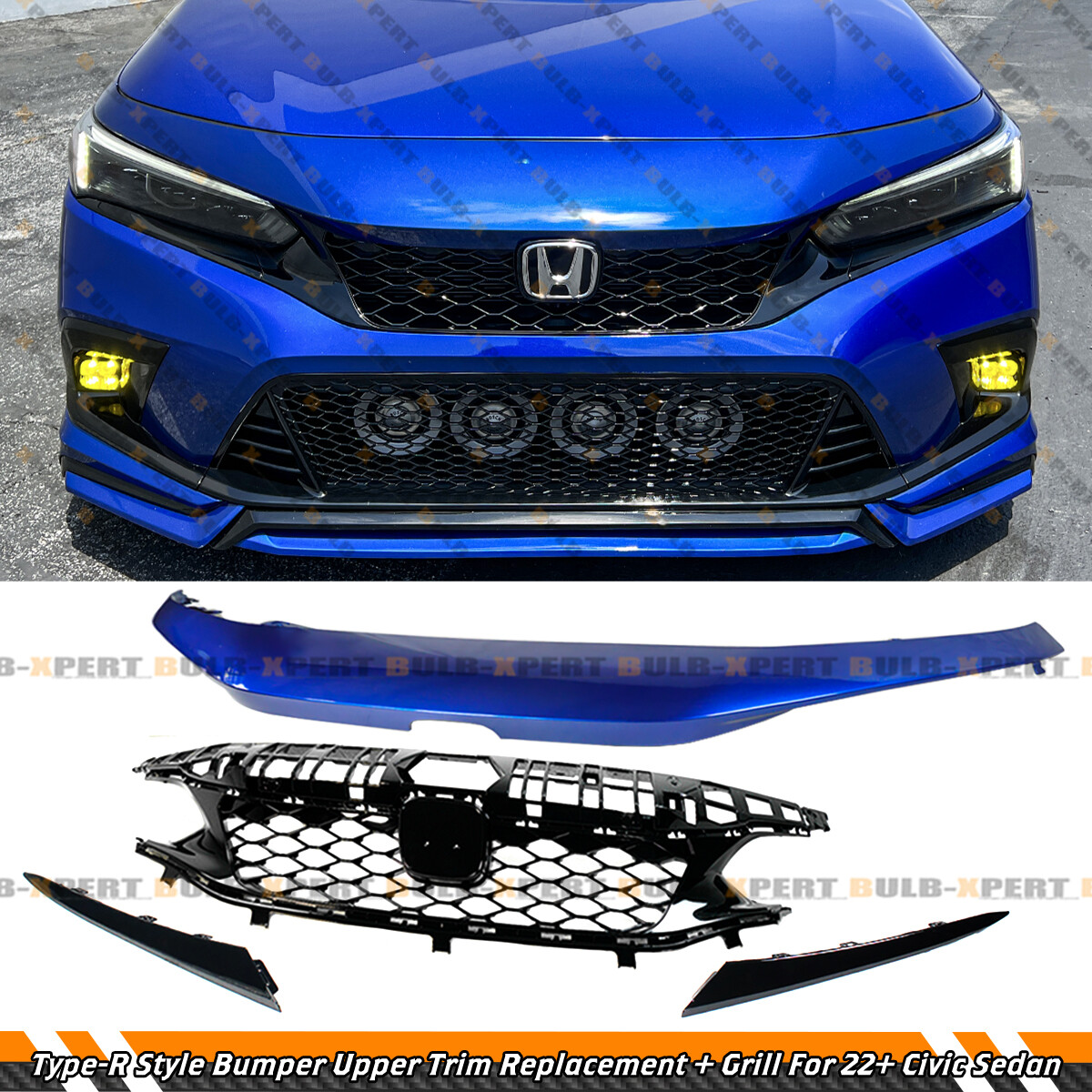 For 2022-2024 Honda Civic Sedan Type R Style Front Upper Grille Gloss Black