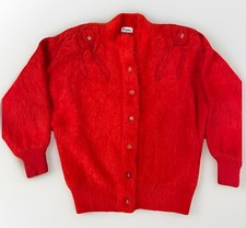 VTG 80s Red Fuzzy Angora Style Beaded Cardigan Coquette Wool Keomi Sweater M EUC