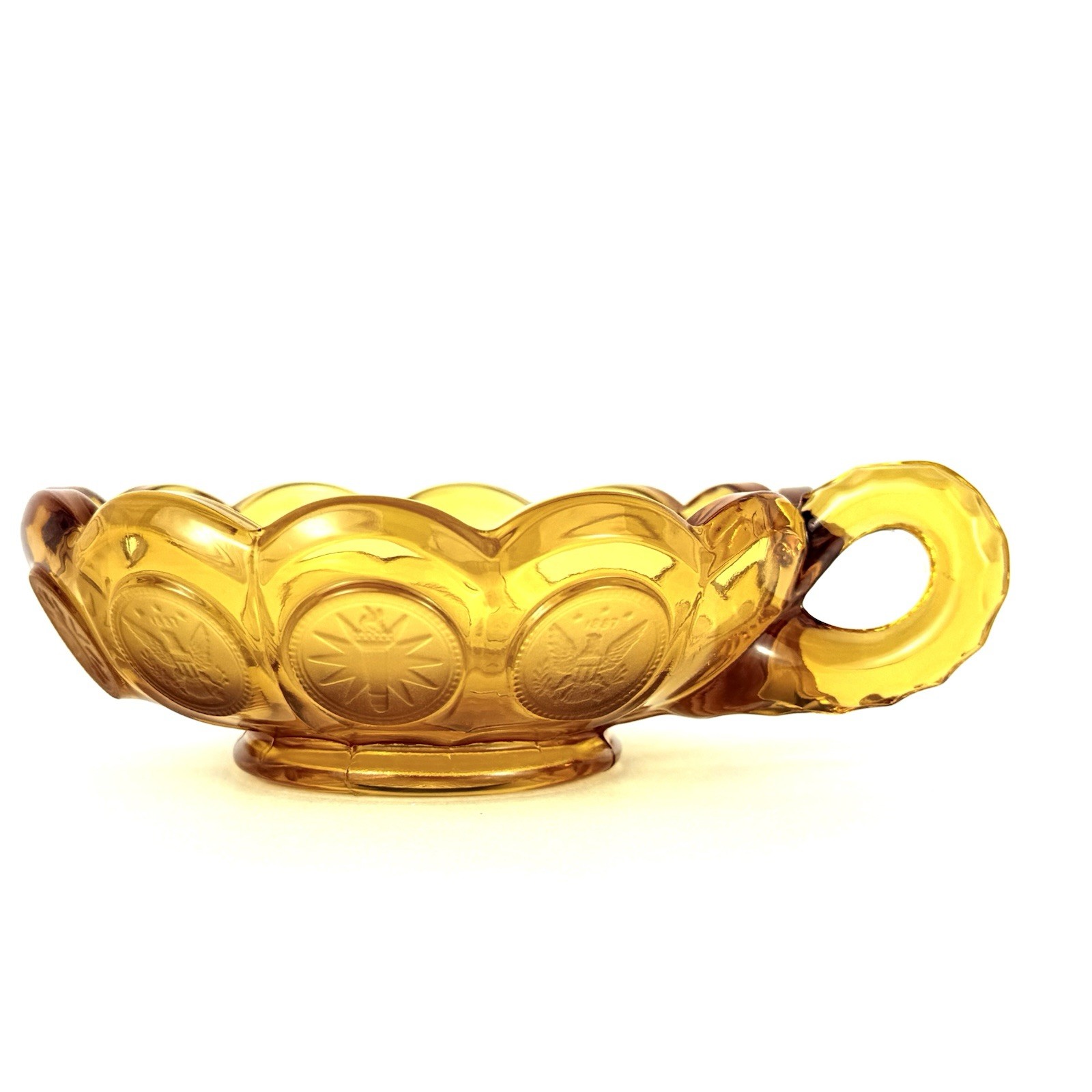 Vintage Fostoria Amber Coin Dot Glass Handled Trinket Bowl Mid Century Modern