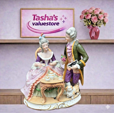 Antique German Porcelain Courting Couple Figurine Tea Party Scene Crown RP Mark
