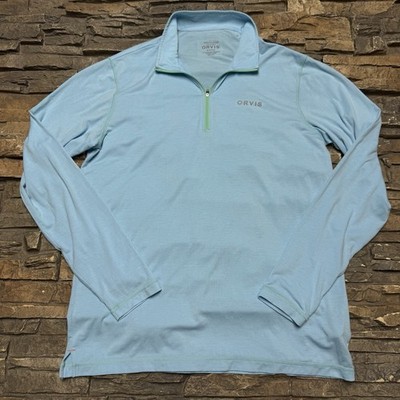 Orvis 1/4 Zip Sweater Jacket Men Medium Blue Insect Shield Repellent Active Hike