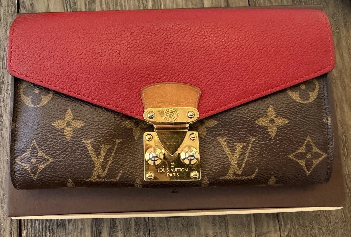 Louis Vuitton Monogram Brown/Red Fold Wallet w/ Zip Coin Pocket, 100% Authentic
