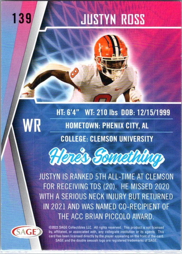 2022 SAGE Justyn Ross #139 Clemson Tigers - Image 2 of 2