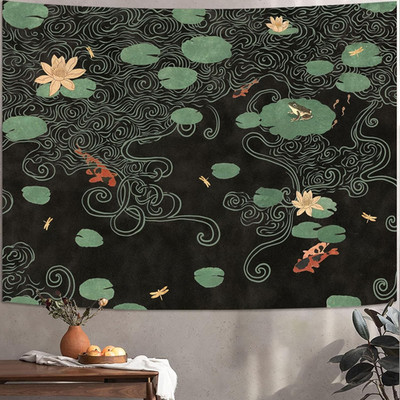 Japanese Tapestry, Koi Pond Tapestry, Abstract Lotus Lily Wall Hanging, Zen Natu