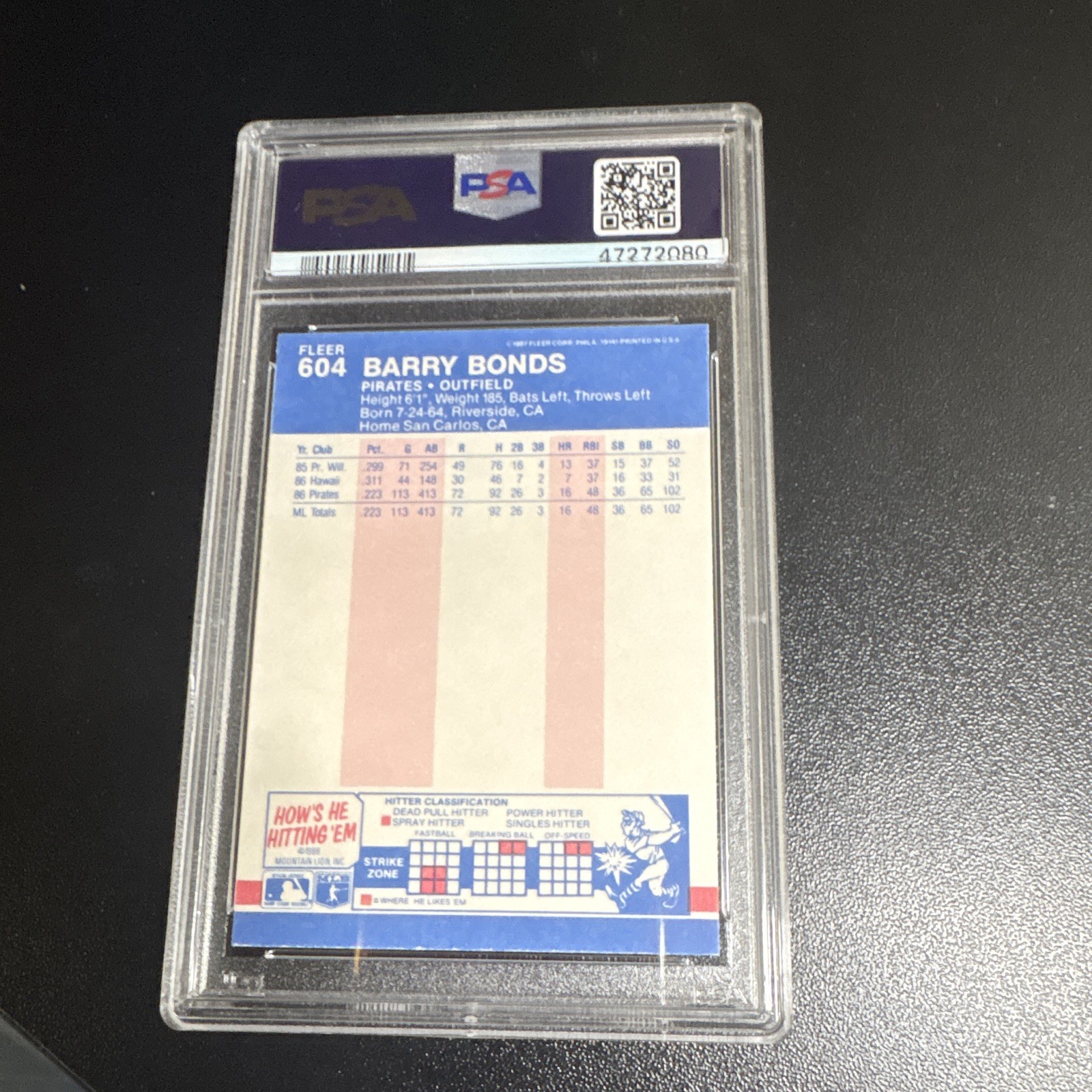 Fleer 1987 Barry Bonds Rookie #604 PSA 9 Pittsburgh Pirates Baseball Card view 2