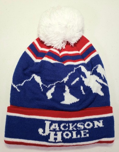Jackson Hole Beanie Grand Tetons Wyoming Pom Pom Locale Outdoor Red White Blue