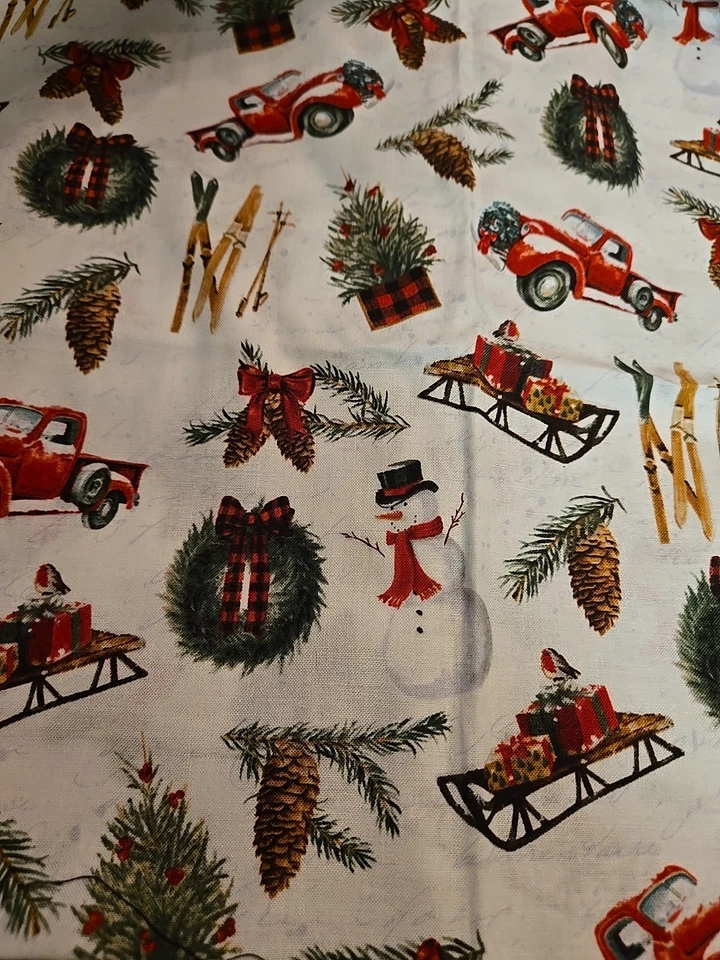 1,5 yardas Navidad Invierno Vacaciones Muñeco de Nieve Camión Rojo Piña Granja Tela de Algodón Foto 2 de 4