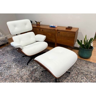 Stunning White Leather Lounge Chair with Ottoman - Eames Style