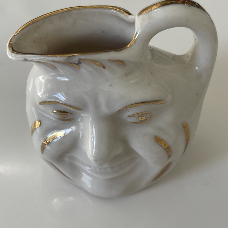 Vintage Man In The Moon Face Mini Ceramic Pitcher White Trimmed Gold 2 1/2” ASIS