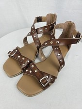 NWOT TIME  TRU WOMEN'S STUDDED GLADIATOR FLAT SANDALS BROWN Faux Leather SZ 10