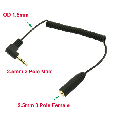 Audio Aux Cable 2.5mm Male 3 Pole Angled To Female Extension Coiled Spiral 60cm