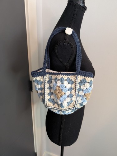 Handmade Crochet Tote Bag Blue & Beige Granny Square Design With Navy Handles