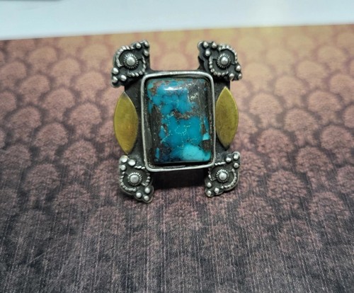 925 Sterling Silver Natural Turquoise Gem Antique Vintage Gold Plated Ring SZ 6 - Picture 3 of 10
