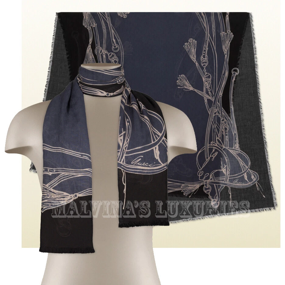 FOULARD GUCCI IMPRIMÉ SELLERIE ICONIQUE NOIR ET BLEU COTON LOGO GG UNISEXE 39