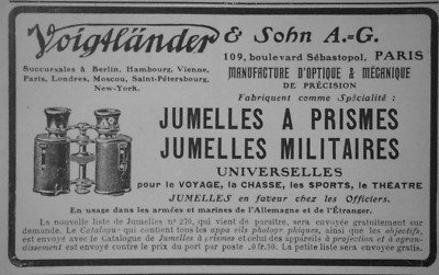 PRESSEWERBUNG 1908 VOIGTLÄNDER FERNGLAS MIT MILITÄRPRISMEN -ADVERTISING