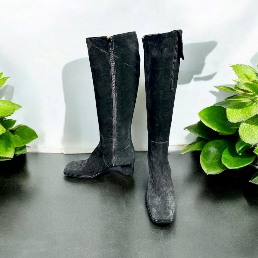 Stivali alti YVES SAINT LAURENT punta quadrata neri scamosciati taglia 7 Made in Italy