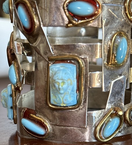 Unmarked Silver Scarab Turquoise Cuff Bracelet 2-1/8"-wide Handmade - Picture 10 of 11