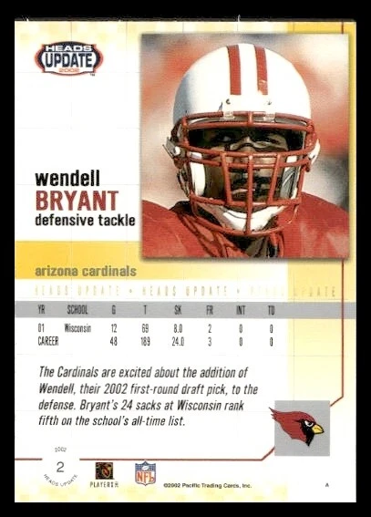 2002 Pacific Heads Update #2 Wendell Bryant Rookie Cardinals Blue - Image 2 of 2
