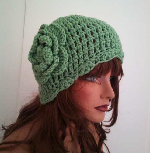 GREEK SEA GREEN FLOWER BEANIE CAP HAT HAND CROCHET BERET SKULL CAP CLOCHE - Picture 4 of 7