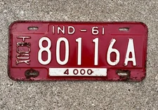 Vintage 1961 INDIANA Vehicle License Plate 61 truck 4000 lb Tag 80116A Ind IN
