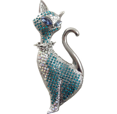 2 7/8'' NWOT MCM ATOMIC MOD COOL CAT TEAL & AB RHINESTONE DARK SILVER BROOCH PIN
