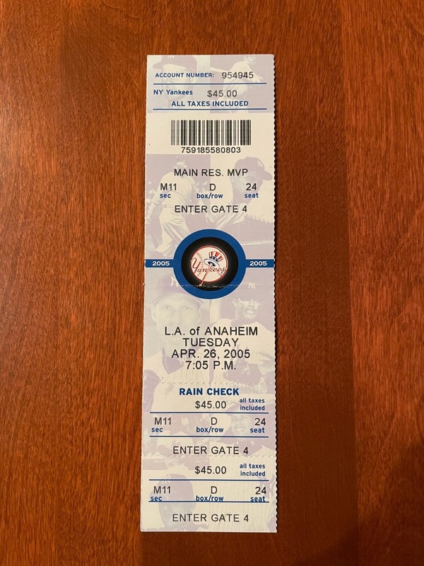 FULL TICKET 4/26/05 ALEX RODRIGUEZ AROD 3 HOME RUN 10 RBI GAME ANGELS vs YANKEES