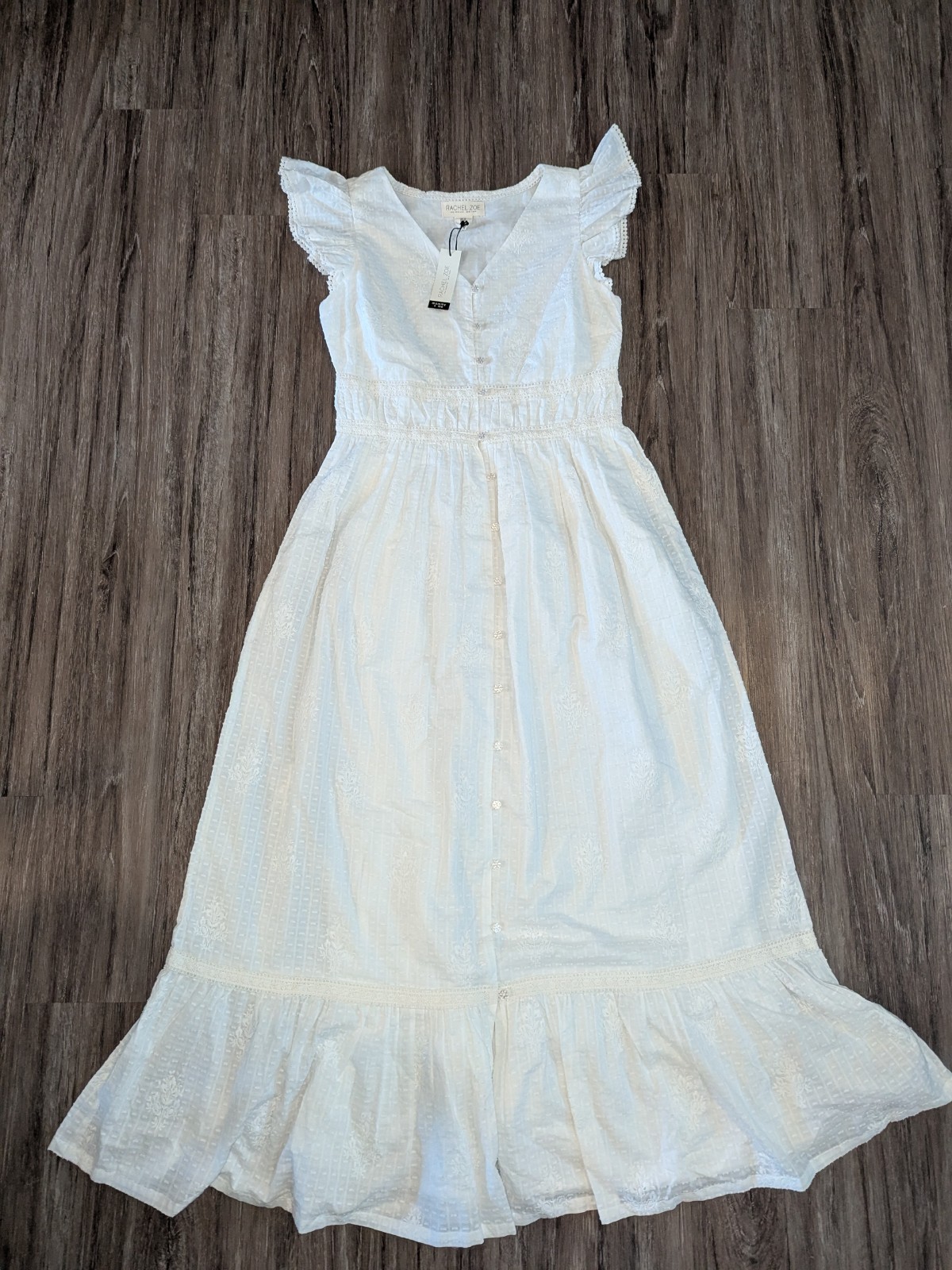 Rachel Zoe White Maxi Dress Women's 10 Tiered Flutter Sleeves