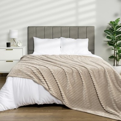King Size Taupe Tan Fleece Bed Blanket 90x108 Inch Soft Ribbed Microfiber Throw