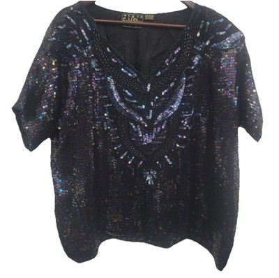 VTG GOLD STAR Artsy Silk Sequin Beads Top Womens Sz XL* Black Glam Festival