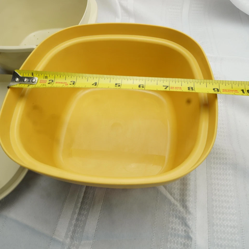VTG Tupperware Square Colander Bowl Rice Steamer Set Yellow Cream With Lid - Image 2 of 4