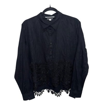 Calligraphie Viscose Linen Lace Boho Blouse Black Lace Artisan Top XL Button Up