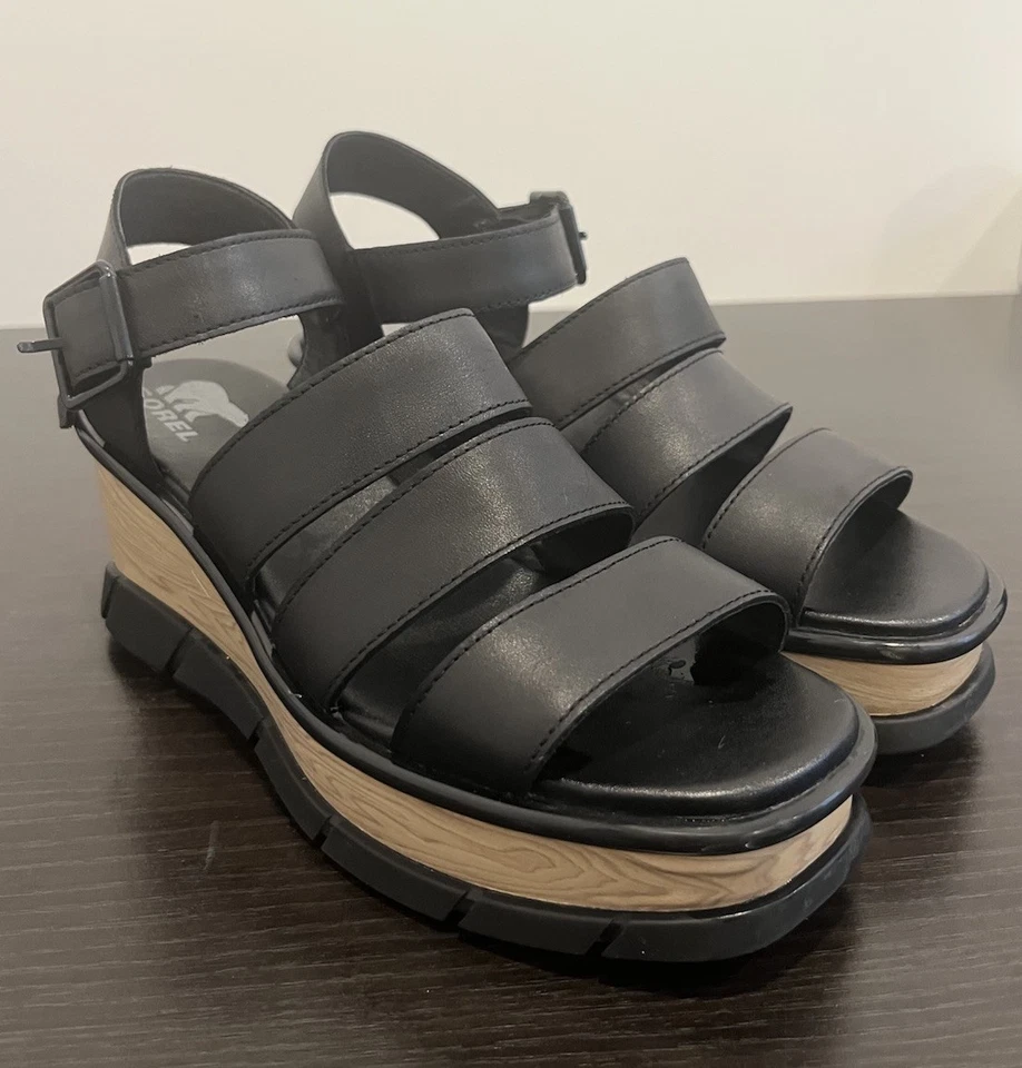 Sandalias de cuña Sorel Joanie III con correa al tobillo para mujer zapatos negros talla 8,5 Foto 3 de 4
