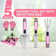 WORKPRO 5PCS Aluminum Garden Tool Set With Gloves Hand Trowel Rake Repotting Mat