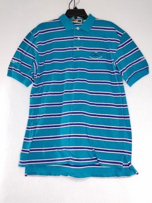 Duckster Mens Size Large Color Aqua/Purple Striped With Logo Button Polo Shirt