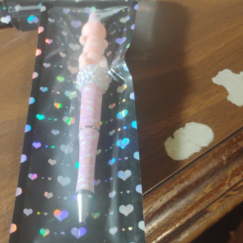 Handmade Style Pink Teddy Bear Top Decorative Ballpoint Pen, Chrome Trim, Black
