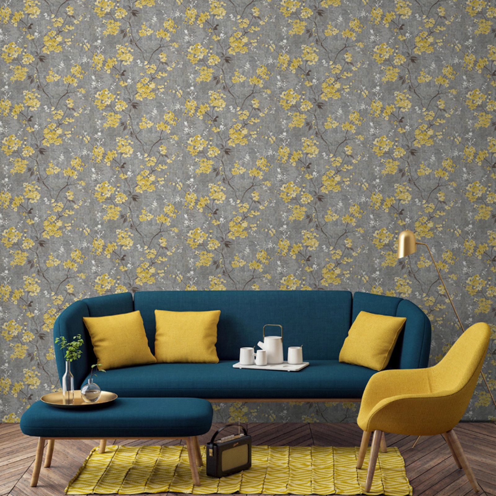 Charcoal Ochre Floral Wallpaper Gold Metallic Shimmer Textured Feature Lounge