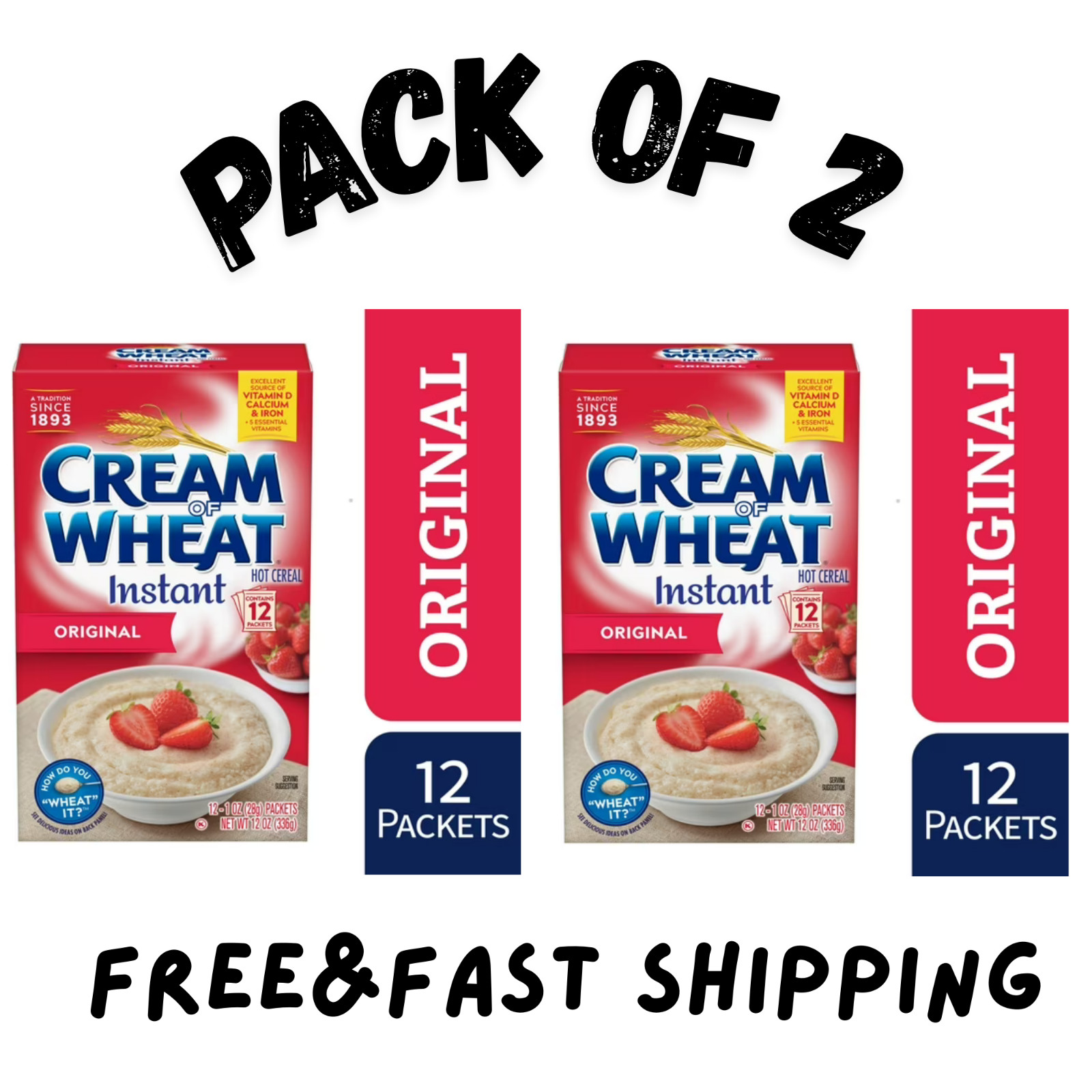 (PACK OF 2) Cream of Wheat Instant Hot Cereal, Kosher, Shelf-Stable, 12 Packets
