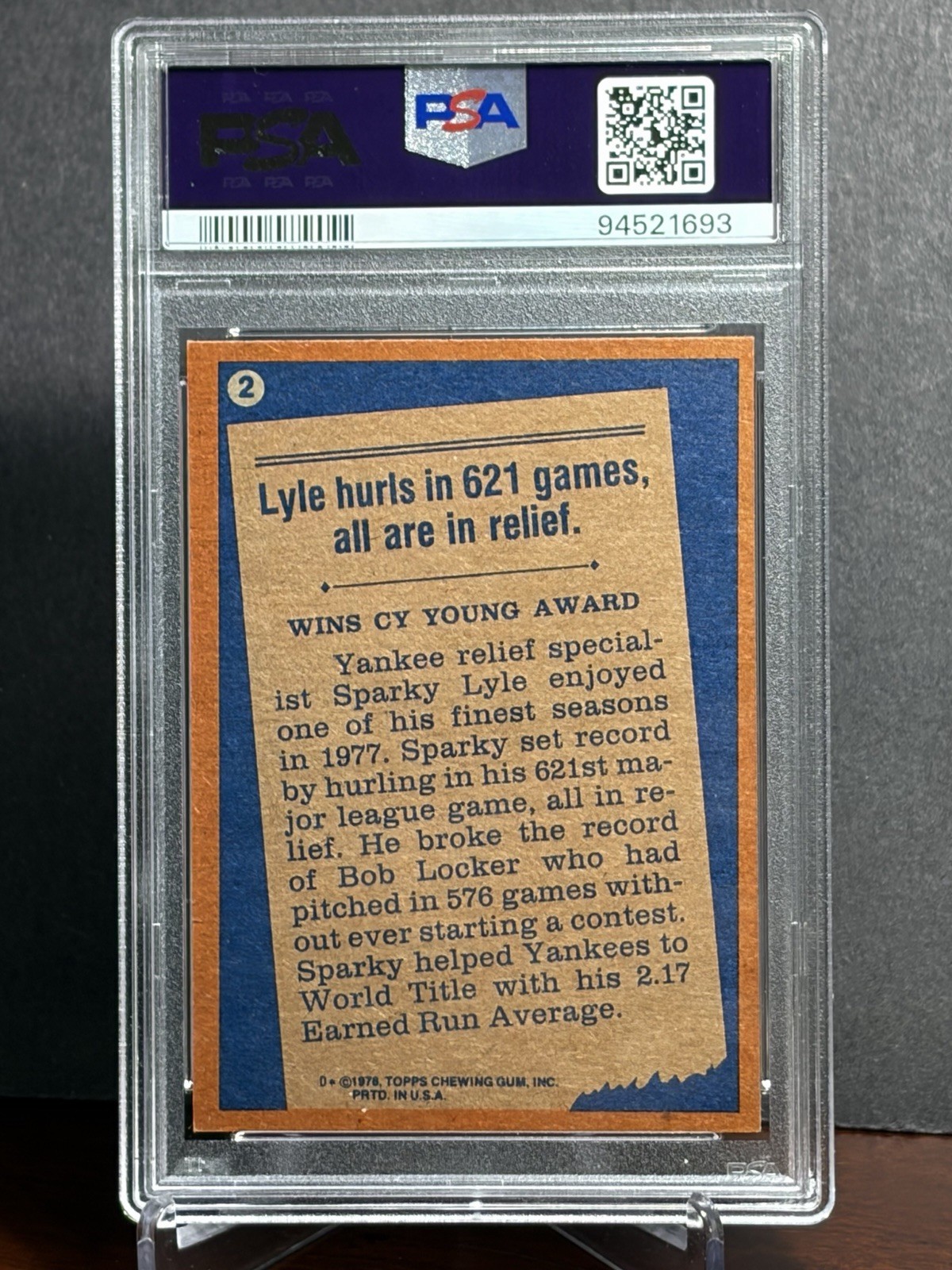 1978 Topps #2 Sparky Lyle - ‘77 Record Breaker Vintage Baseball Card PSA 7 view 2