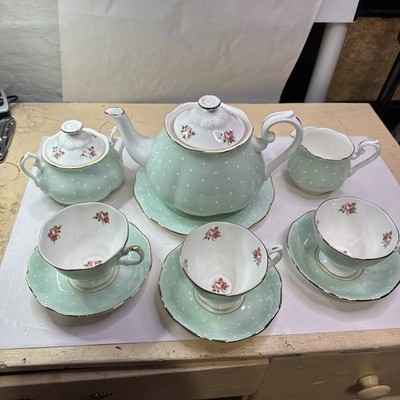 ROYAL ALBERT POLKA ROSE WHITE DOTS ON PINK ROSES 10 PIECE TEA SERVICE