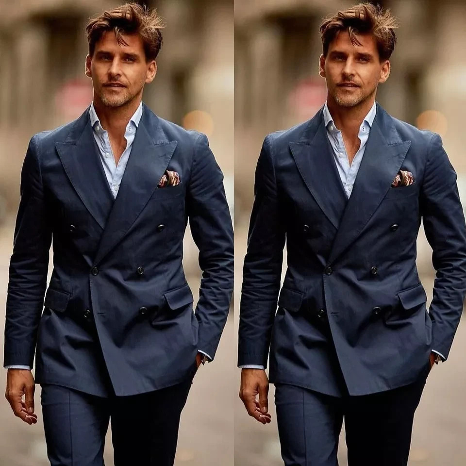 Navy Blue Men's Suits Peak Lapel Double Breasted Formal Wedding Tuxedo 2 Pcs