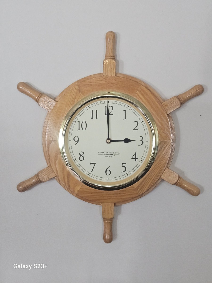 訳あり SHIP's Clock 舵輪型掛け時計 真鍮・木製 アンティーク雑貨 Heritage Mint LTD Wood Brass Wheel Clock Nautical Vintage Quartz