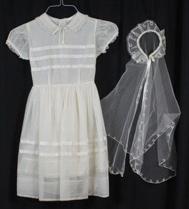 Vtg First Communion Dress Veil Set Lot Swiss Dot Tie Waist White Pristine 6 8
