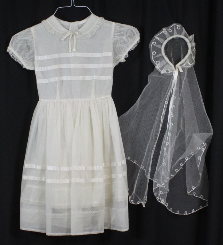Vtg First Communion Dress Veil Set Lot Swiss Dot Tie Waist White Pristine 6 8