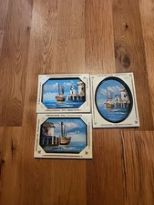 Vintage Lot Of 3 Genuine Oil Paintings On Canvas Hand Painted Framed Boats Water