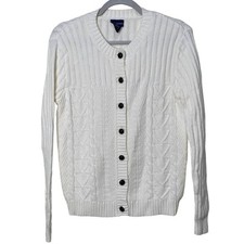 Vintage 90s Cream Cable Knit Ribbed Cardigan Sweater Classic Heritage Cottage S