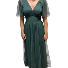 Formal Elegant Maxi Dress Green M Tulle A-Line Short Sleeve Modest Gown Evening