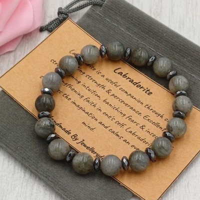 LABRADORIT HÄMATIT Armband Stretch Fit + Geschenktüte & Karte Kristall Edelstein 8mm